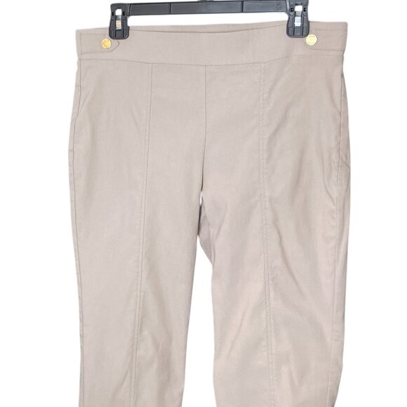 Anne Klein 8 Beige Front Seamed Gold Button Waist Detail Pull-On Khaki Pants - Picture 2 of 5